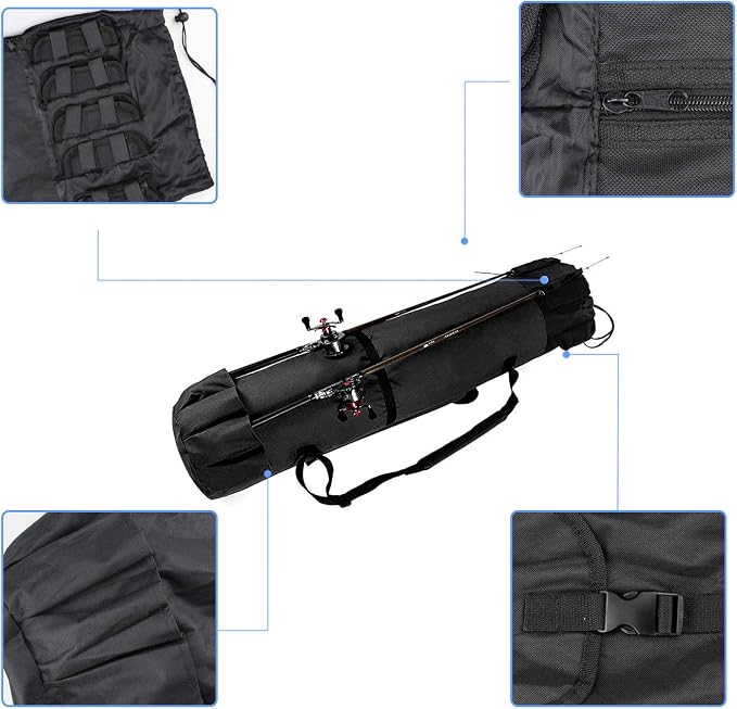 Allnice Durable Canvas Fishing Rod & Reel Organizer Bag Travel Carry Case Bag- Holds 5 Poles & Tackle