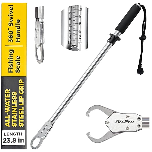 2-in-1 Fish Lip Gripper, 23.8" Stainless Steel Fish Gripper with Scale, 60lb Weighing Fish Grabber, 360° Non-Slip Swivel Handle, Tool for Saltwater & Freshwater
