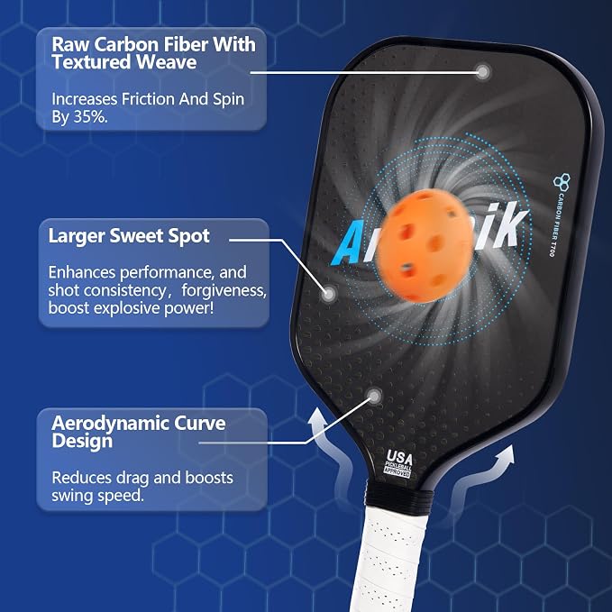 Pickleball Paddles Set of 2 – Lightweight T700 Carbon Fiber Pickleball Paddles, Durable 2 Paddles + 4 Outdoor Balls + Bag, Best for Beginner & Pro