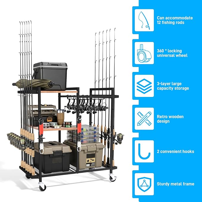 Fishing Rod Holders for Garage,Fishing Rod Rack Storage up to 12 Rods,3 Tier Adjust Heavy Duty Metal Fish Pole Stand Organizer with reel seat for Fishing Gear and Equipment Accessories