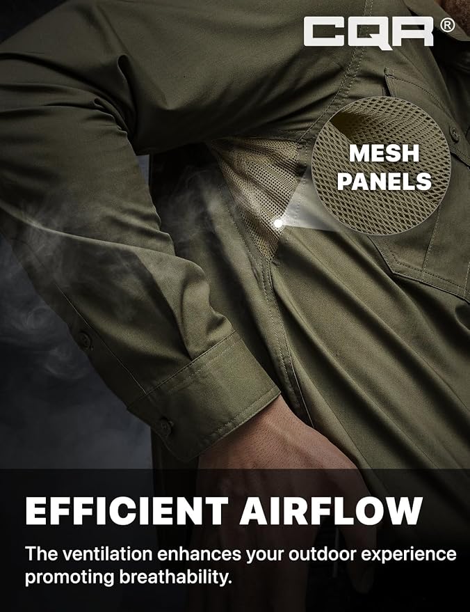 CQR Men's Long Sleeve Tactical Shirts, Ripstop Military Work Shirts, UPF 50+ Breathable Button Down Outdoor Hiking Shirt