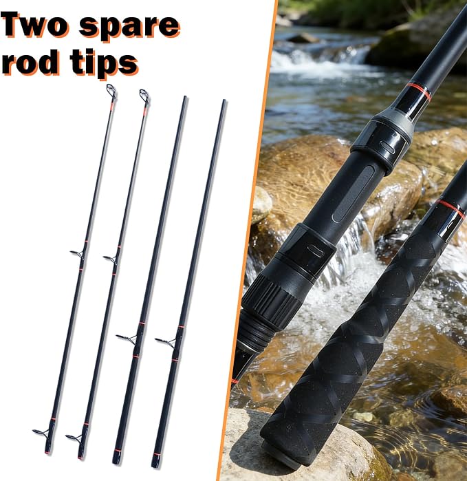 Surf Fishing Rod 9'/10'/11'/12', Carbon Fiber Graphite Spinning Rod 3-Piece Travel Rod with 2 Tips, Includes Pompano Rig & High-Strength Wire Leaders for Saltwater Beach Surf Casting