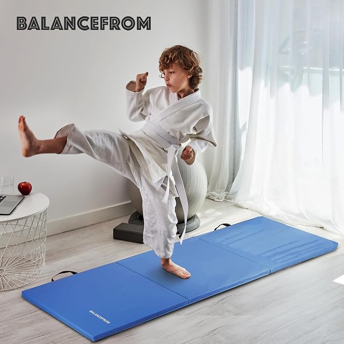 BalanceFrom 6x2 Feet 3-Panel Folding Gymnastics Mat – 1.5-Inch Thick Pad with Vinyl Surface and Carrying Handles for Tumbling, Yoga, Pilates, Home Workouts, and Martial Arts