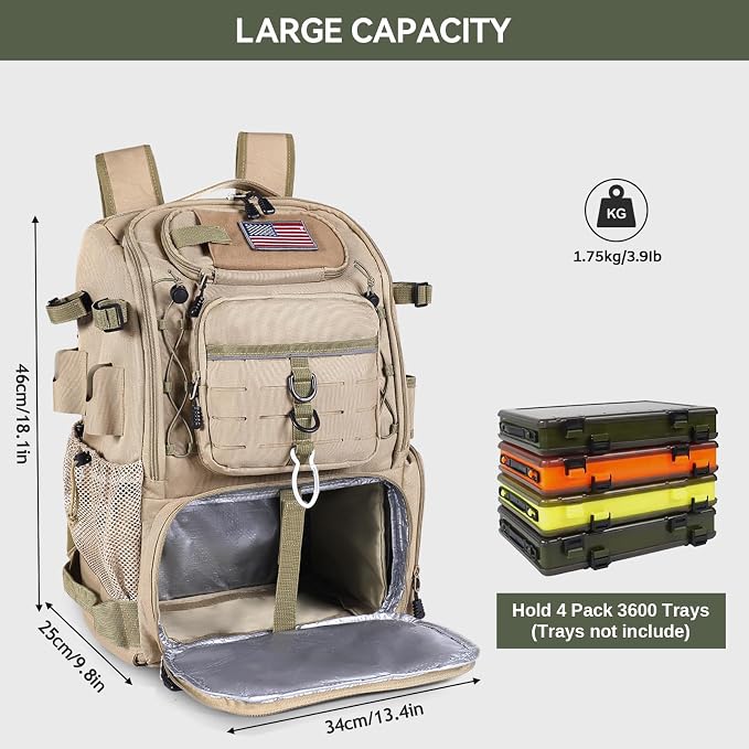 Bagenerous 39L Fishing Tackle Backpack with Rod Holders & Cooler,Water-resistant Fishing Gear Storage Bag with Protective Rain Cover,Khaki