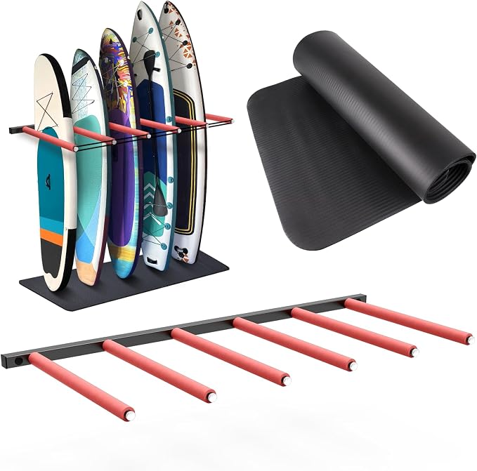 2025 Upgrade Surfboard Wall Mount, Surfboard Rack with Rubber Mat & Bungee Cord, 6 Arms Vertical Surfboard Wall Rack Garage Storage for Wall Holds 5-6 Boards