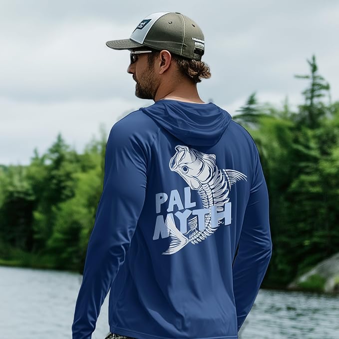 Palmyth Fishing Hoodie for Men Long Sleeve Sun Protection UV UPF 50+ Shirts | Hidden Zipper Pocket, Thumb Loops, Quick-Dry, Side Mesh Panels, Lens Cleaning Cloth, 4-Way Stretch