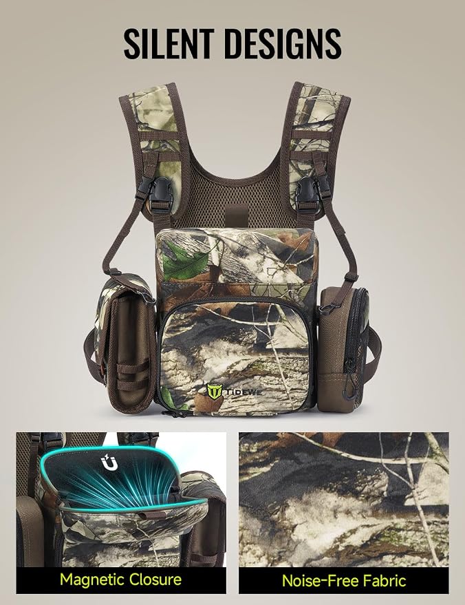 TIDEWE Binocular Harness Chest Pack with MOLLE System, 2 Detachable Pouches, Silent Magnetic Closure, Lightweight & Waterproof Bino Harness for Hunting, Hiking & Birdwatching, Next Camo G2
