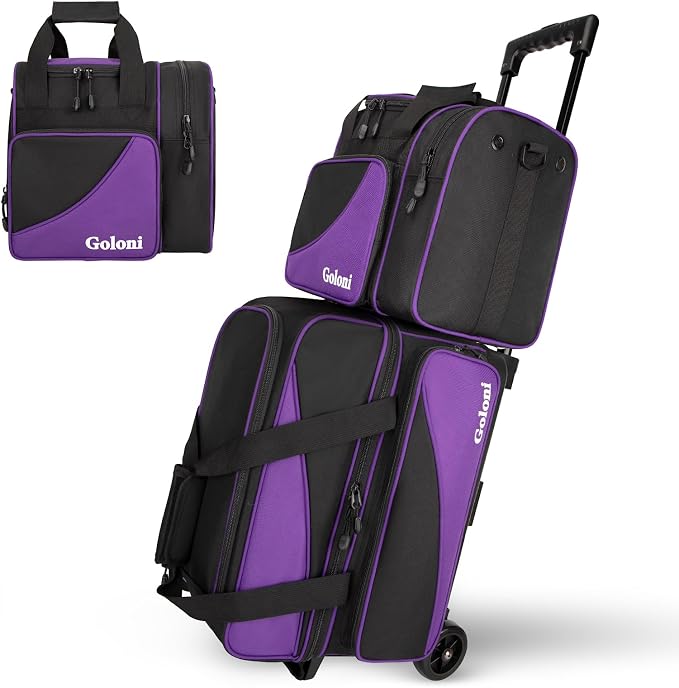 Goloni 3 Ball Bowling Bag with Wheels, 2+1 Double Roller Bowling Bag with Shoe Compartment,Tote Bag for Bowling Accessories