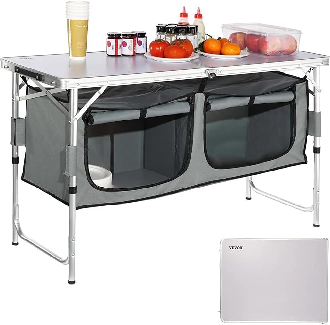 VEVOR Camping Kitchen Station, 3 Adjustable Height Folding Outdoor Camp Cooking Table with Storage Organizer, Quick Set-up for Patio BBQ Picnic Glamping Traveling