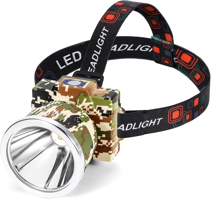 Rechargeable LED Headlamp with Power Indicator, 3 Mode White Light 10400mAh Long-Lasting Battery,10+ Hours Runtime, IP65 Waterproof Lightweight Headlight for Outdoor (Camouflage-White light)