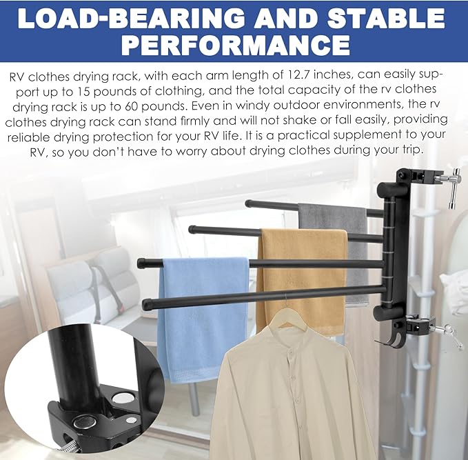 RV Clothes Drying Rack, RV Ladder Clothes Drying Rack, Four 12.7" Long Arms, No Drilling Anti-Rust for Ladder Boats Camper Trailer Travel Hotel Home