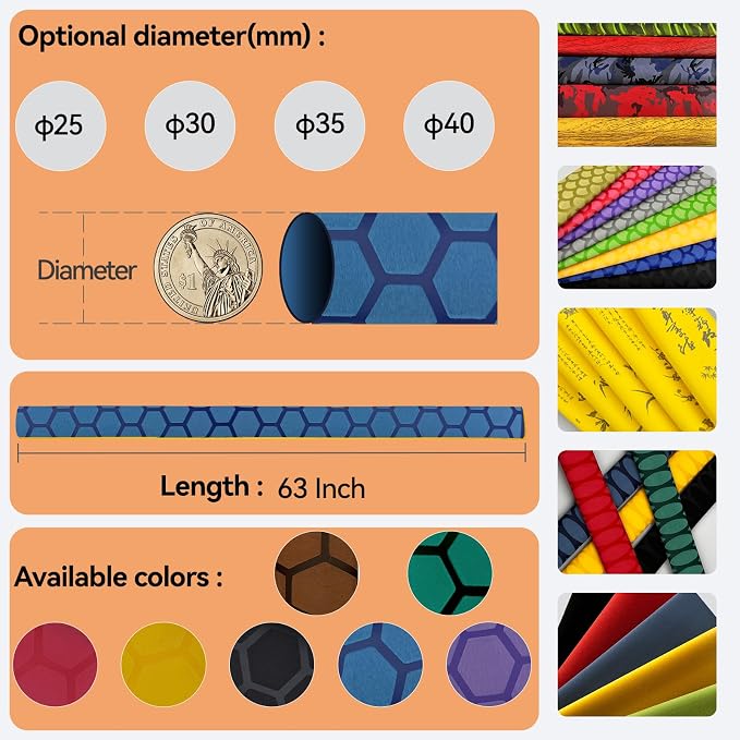 Hex Pattern Handle Heat Shrink for Fishing Rod, Table Tennis Paddle - Sleek, Multiple Colors (30mm Dia. x 1.6m Long, Brown)