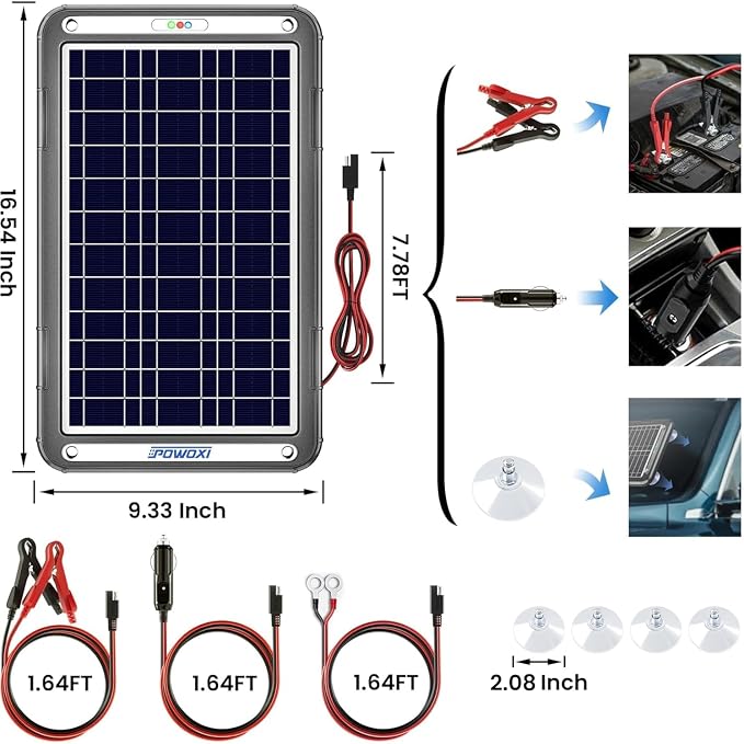 POWOXI 12V Solar Car Battery Charger: 12W Solar Trickle Charger Maintainer with MPPT Controller for Car - RV Boat Marine Motorcycle - Solar Panel Kit for Automotive Trailer Truck Snowmobile Tractor