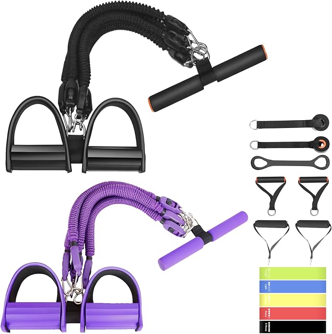 2-Pack Pedal Resistance Band, Exercise Bands with Handles, Elastic Sit up Pull Rope, Workout Bands for Physical Therapy, at Home Fitness, Strength Training Equipment with Abundant Accessories