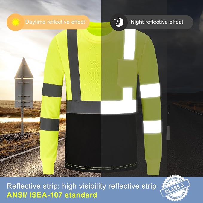 A-SAFETY Safety Shirt,High Visibility Work T Shirt Long Short Sleeve Class 3 (XS-6XL)