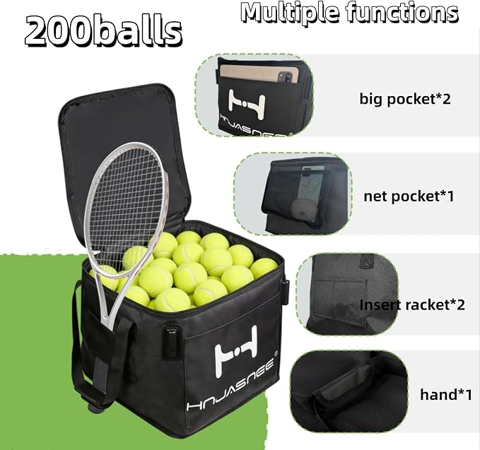 Foldable Adjustable Tennis Ball Hopper, Large Capacity Basket Holds 200 Balls, Upgraded Pickleball Caddy with Multifunction Pockets and Wheels for Training and Teaching
