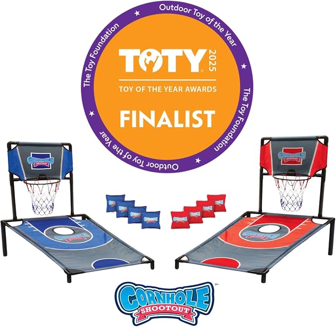 Sports Basketball Net Cornhole Board Set, Basketball & Cornhole in One, Includes 8 Red/Blue Bean Bags, Convenient Carrying Case, Tailgating Fun