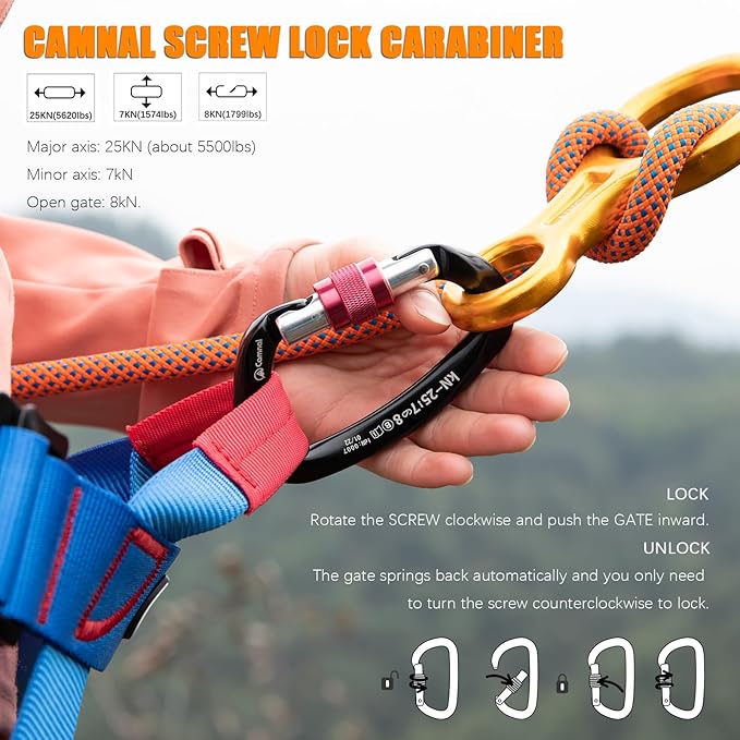 Heavy Duty Carabiner UIAA Certified Locking Carabiner 25KN (About 5620 lbs) Screw Lock Carabiner D Shape Carabiner Clip for Rock Climbing, Mountaineer, Aerial Work
