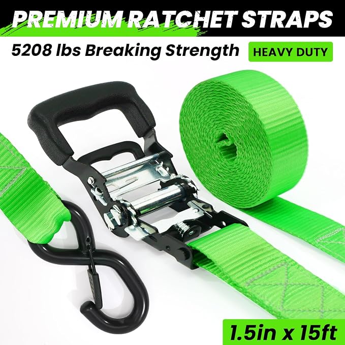 Ratchet Straps Heavy Duty 4 Pack -1.5 Inch x 15 Feet (5,208LB Break Strength)- Motorcycle Tie Down Straps -1.5xThickened Wear-Resistant Ratchet Tie Down Set for Powersports, Motorcycle or Moving Cargo