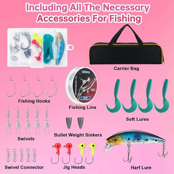Fishing Rod and Reel Combos, Carbon Fiber Telescopic Fishing Pole Kit with Spinning Reel, Fishing Line, Fishing Lures, Travel Bag for Woman Girl Beginner Saltwater Freshwater