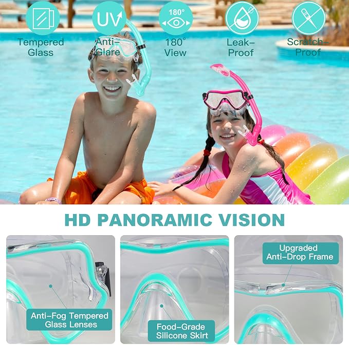 Kids Snorkeling Set - Adjustable Flippers + Panoramic Snorkel Mask + Dry Snorkel Tube + Travel Bags - Suitable for Kids & Juniors, Age 5-14