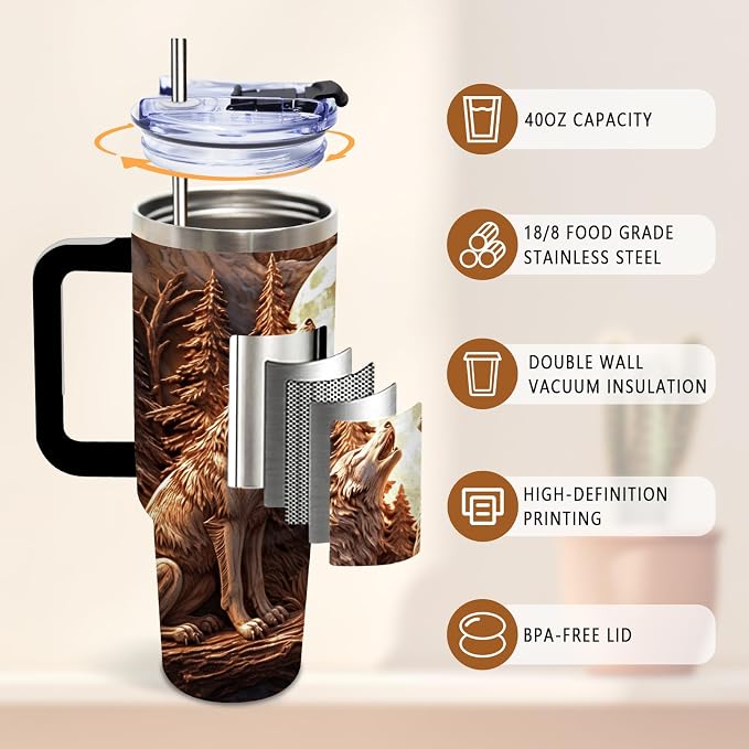 DUUV Wolf Tumbler 40oz, Insulated Wolf Cup Gifts for Man | Wolves Tumbler with Pine Trees Leakproof, Animal Print Water Bottle for Dad, Fathers Day Ideal Gifts for Wolf Lovers, 1 Pack