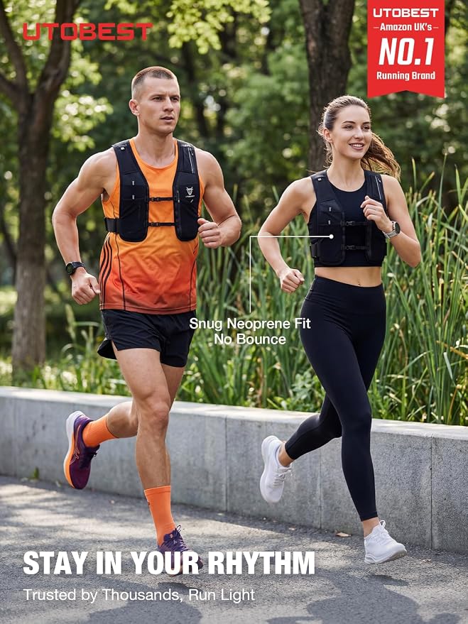 UTOBEST Running Vest for Women Men, Lightweight Running Hydration Vest Fits 500ml Soft Flask, Dual-Stage Adjustment with No Bounce, Waterproof Pocket Fits All Phones