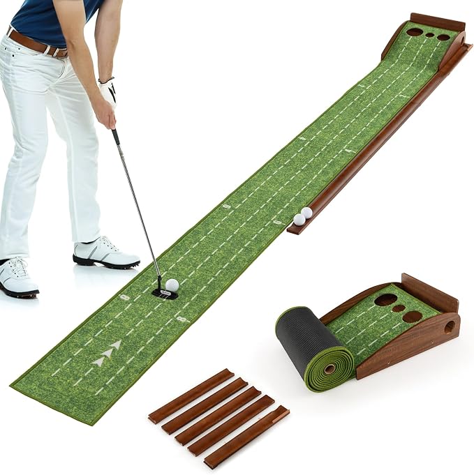 GYMAX Putting Mat, Golf Putting Green Indoor with 2/3 Hole, Golf Practice Mat with Auto Ball Return, Golf Training Aid Putter Alignment for Home Office, Golf Accessories Gift