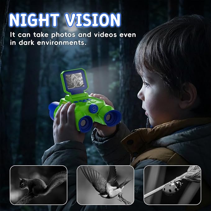 Binoculars for Kids with Night Vision, 2.4" HD Screen & 10X Zoom for Photo and Video - Outdoor Adventure Binoculars Bird Watching, Camping, Hiking, Gifts for Kids Ages 4+ (Green)
