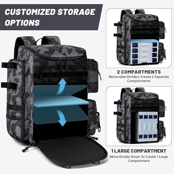 40L Fishing Backpack Water Resistant Fishing Tackle Bag with 2 Rod Holders, Tackle Storage Bag for Anglers（Black camo,Bag Only