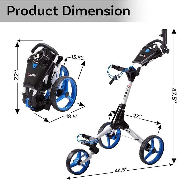 CUBE CART 3-Wheel Golf Push Cart – Ultra-Compact 14.5 lb Folding Golf Trolley, Two-Step Fold, Adjustable Handle, Foot Brake, Umbrella Holder & Built-in Storage