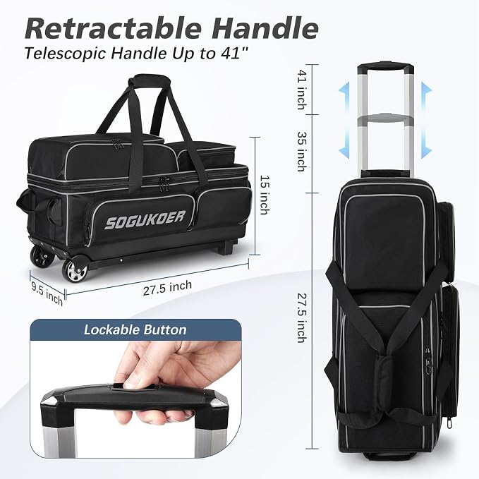 3 Ball Bowling Bags with Wheels, Premium Bowling Bags 3 Ball Roller - 900D Reinforced Oxford, Bowling Ball Bag with Large Separate Shoe Compartment & Accessory Pocket