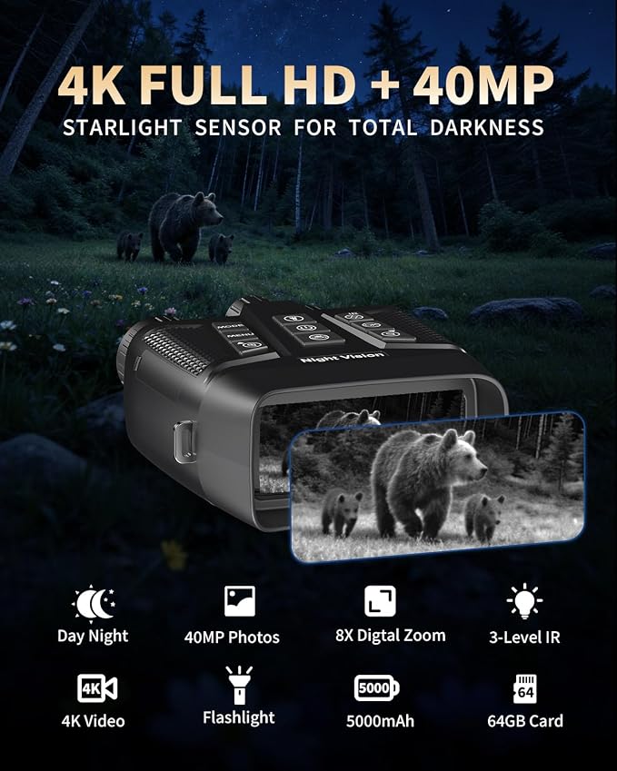 Night Vision Binoculars for Adults, 4K Night Vision Goggles with 3" HD Screen & Magnifying Lens, 8X Digital Zoom, Rechargeable Device with 64GB Card for Camping & Outdoor Exploration