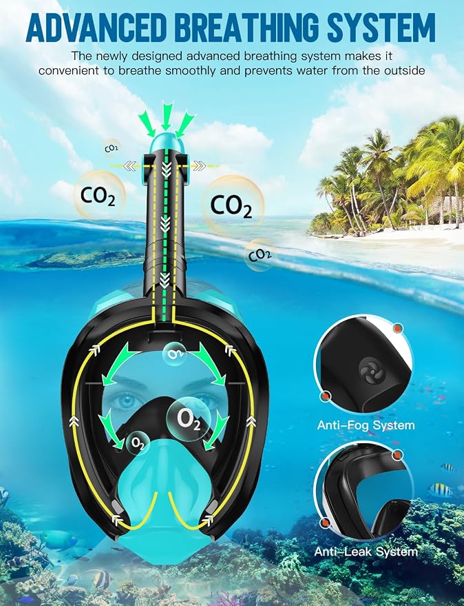 Full Face Snorkel Mask for Adults, 180° Panoramic Anti-Fog Snorkeling Gear with Dry Top System & Camera Mount, Foldable Anti-Leak Design for Travel, Swimming & Ocean Snorkeling