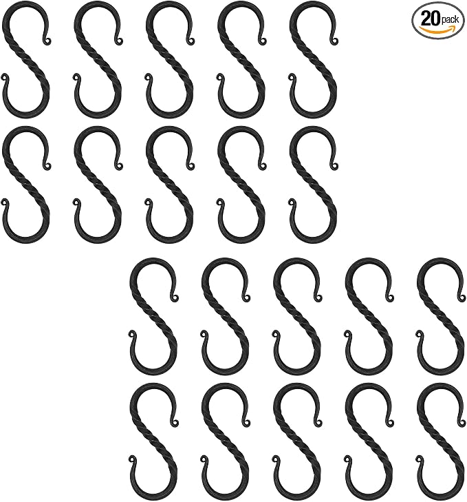 Lord of Battles Twisted Hand Forged Iron S-Hooks Set of 20- Medieval Rustic Twisted Black S-Shaped Heavy Duty Hanging Hooks for Kitchen, Camping, Garden & Home