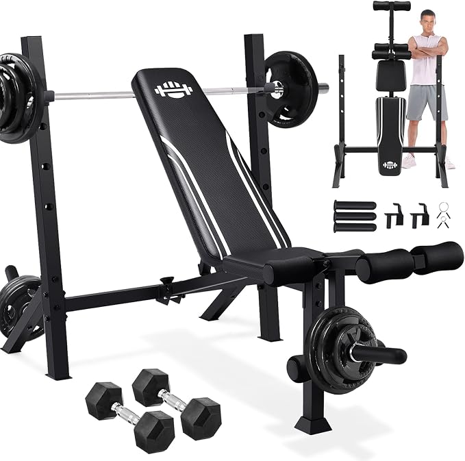 ANCHEER 900LBS Weight Bench Set with Barbell Rack, Heavy Duty Bench Press Set with Leg Extension and Leg Curl, Foldable Workout Benches for Home Gym with J Hooks & Olympic Sleeves (US Stock)