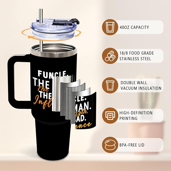 DUUV Uncle Gifts from Niece Nephew, Fun Uncle Birthday Gifts for Men, The Man The Myth The Bad Influence Uncles Tumbler 40 Oz, Father's Day Birthday Gifts for Uncles, 1PCS