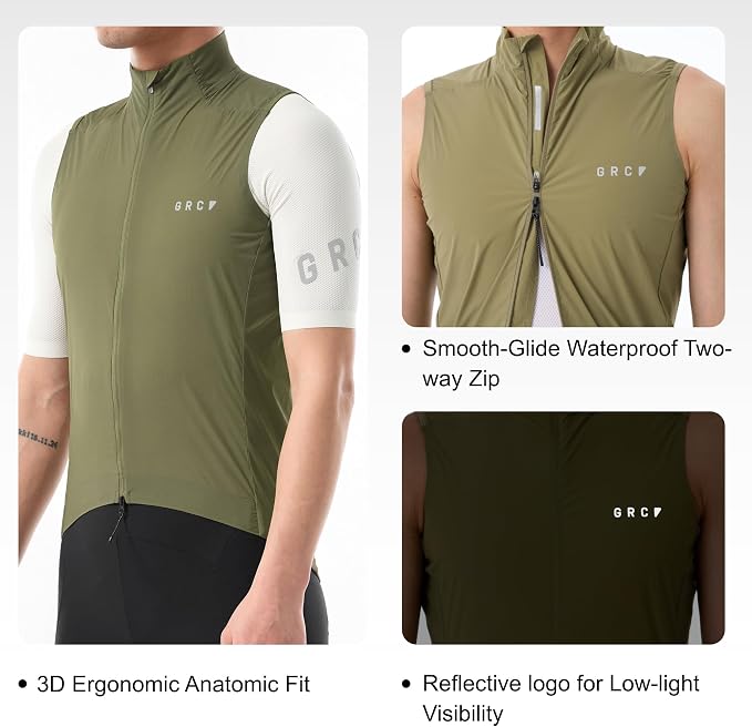 GRC Men's Windproof Cycling Vest, Running & Bike Vests with Two-way Zipper, Lightweight Sleeveless Windbreaker for Outdoors