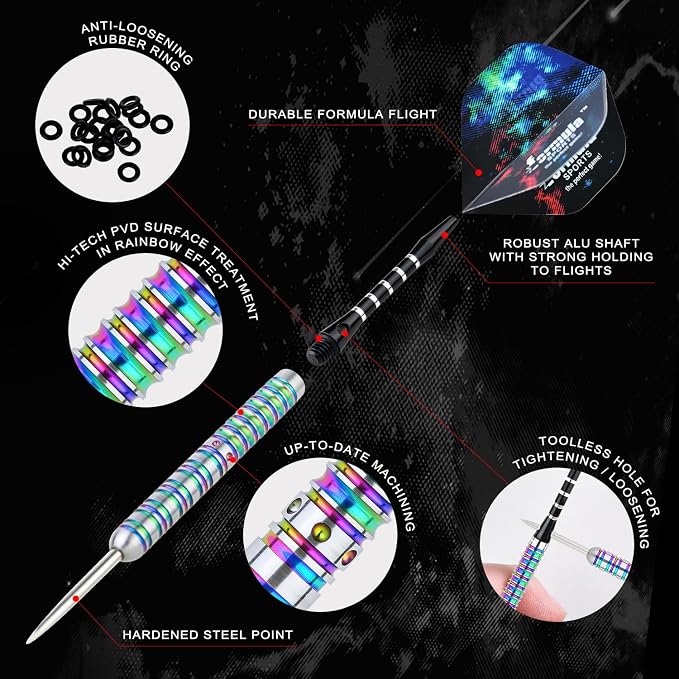 Formula Sports 90% Tungsten Steel Tip Darts Set - Professional Darts Metal Tip Set Available in 21g/22g/23g/24g, with Aluminum Shafts, Tungsten Barrels, Extra Flights, Sharpener