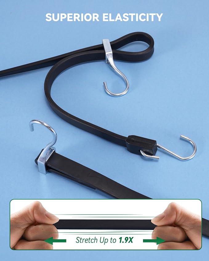 60 Inch Adjustable Rubber Bungee Cords, Easy to Adjust from 6" to 60", Black Bungee Straps with 1.9X Stretch, Rubber Tarp Straps with Crimped S Hooks for Cargo, Tarps, Van, Truck, Motorcycle (8 Pcs)