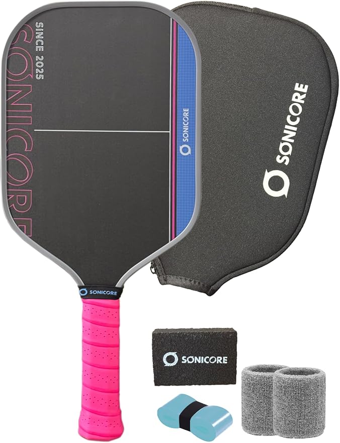 Pickleball Paddle Set, T700 Carbon Fiber, 16mm Core for Control & Spin, Includes 1 Paddle, Paddle Sleeve Cover, 2 Wristbands & 1 Grip Tape | Sonicore CourtVibe