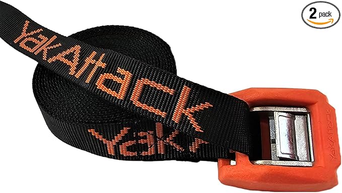 YakAttack 15' Cam Strap | Heavy-Duty Polyester Tie Down with Protective Rubber Buckle | Black/Orange - 2 Pack | Kayak Fishing Roof Rack Securement | Made in USA