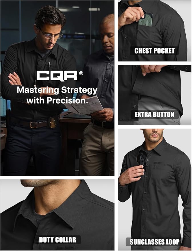 CQR Men's Long Sleeve Tactical Shirts, Ripstop Military Work Shirts, UPF 50+ Breathable Button Down Outdoor Hiking Shirt