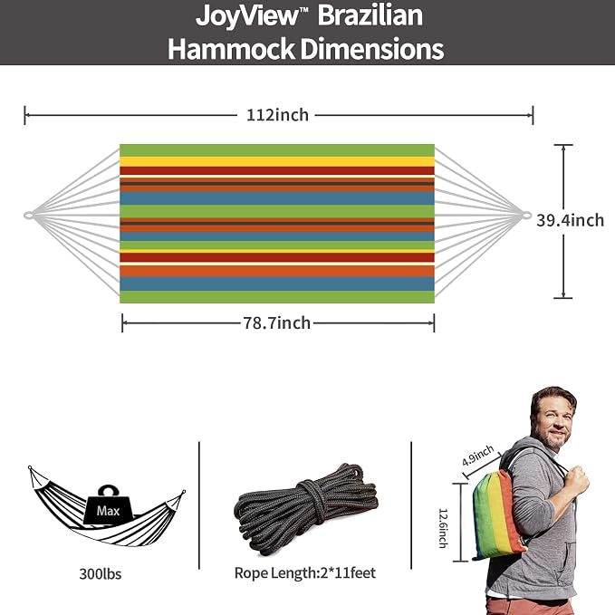 JoyView Brazilian Hammock for Single Person Portable Hammock with Hanging Ropes & Carry Bag Large 78.8x39.4” for Patio 300LBS Capacity Perfect for Outdoor/Indoor - Coastal Breeze