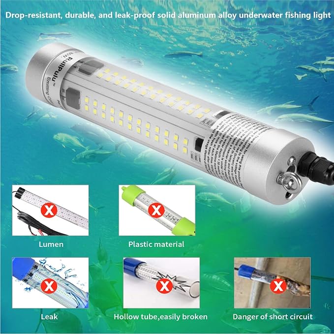 80W 9600lm Underwater Fishing Light, IP68 Waterproof Aluminum Super Bright Night Fish Attracting Submersible LED Lamp Lure Bait Finder for Freshwater Saltwater Sea Kayak Boat Ice Dock (White)