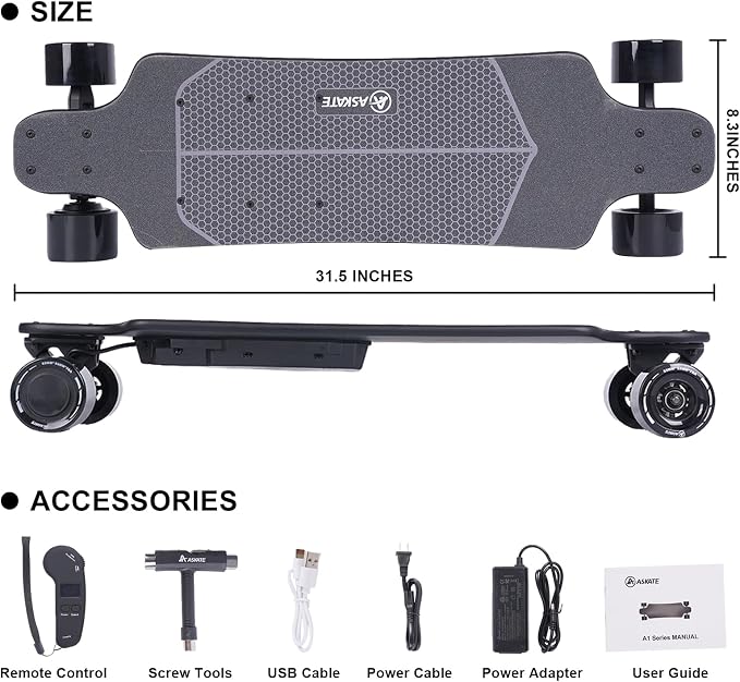 A1 Electric Skateboard with Remote, Rang Up to 17 Miles/24, 8 Ply Canadian Maple, Smooth Breaking, Suitable for Younger Beginners