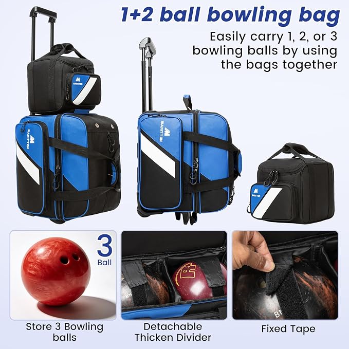 3 Ball Bowling Bags with Wheels, 2 Ball Bowling Bags Double roller with Single Ball Tote, Multi-Pockets & Shoe Compartment (Fits Up to Size 15).