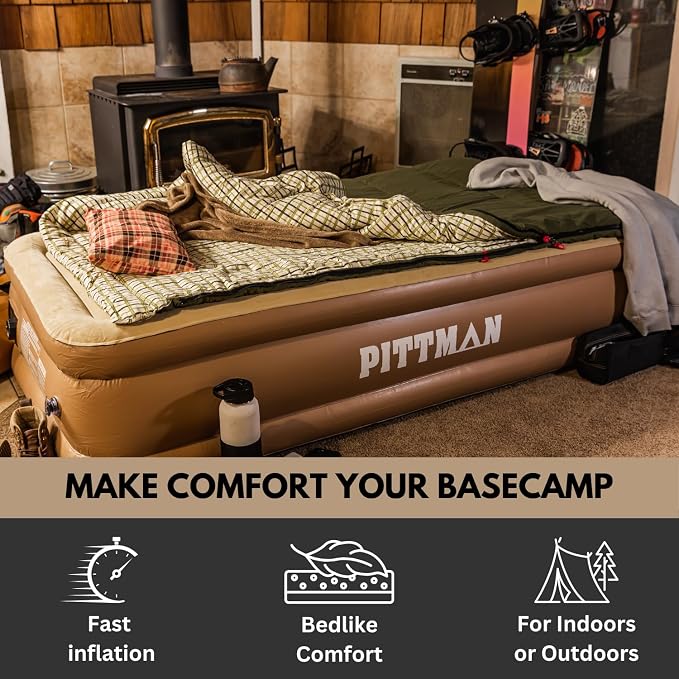 Pittman Outdoors Twin Air Mattress – 18” Tan Double High Design – Twin Size Mattress with Built-In Pump – Luxury Raised Sleeping Surface, 300lb Capacity, Quick Inflation, Ideal for Guest Bed & Travel