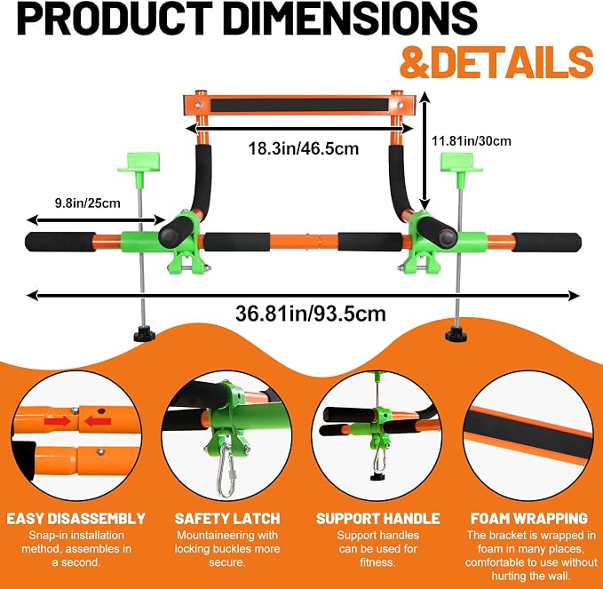 Doorway Swing mount for Kids & Door Pull Up Bar for Adults, Indoor Kid Swing with 4 Accessories, Multi-Function Doorway Gym, Fits Door Frame 24.41-30.51'' W x 3.94-6.69'' Thickness (Orange)