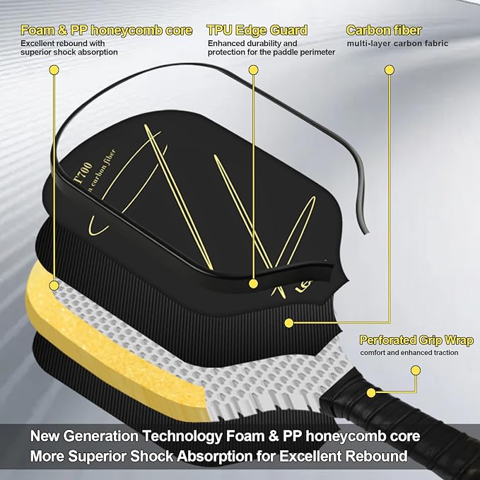 Pickleball Paddles Carbon Fiber, T700 Carbon Surface Pickle Ball Racket, Gen-3 16mm Polymer Foam Core, Lightweight Honeycomb Pickleball Paddle, Control Power & Spin for Men Women